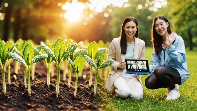 Two young Asian women in a sunlit field with seedlings, having a remote business meeting on a laptop, representing agritech and sustainable farming