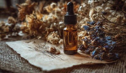 Essential oil bottle with dried flowers and decorative paper texture