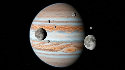 Jupiter, the Gas Giant, with Multiple Moons Against a Starry Background