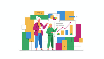 Business team analyzing financial growth data and future projections 2026