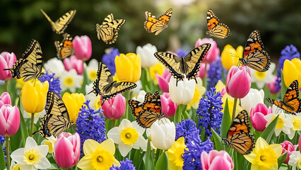 Butterflies flying amidst a colorful spring garden of tulips, daffodils, and hyacinths