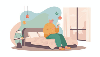 Senior woman relaxing in bed and texting on smartphone Digital elderly lifestyle