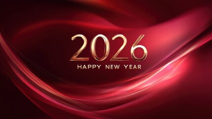 Happy New Year 2026 golden text on abstract red background with flowing lines