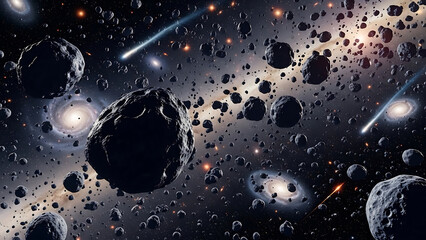 Dynamic asteroid field with glowing comets and distant galaxies in deep space