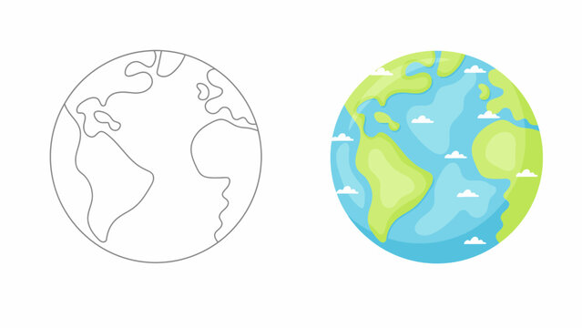Two Earth globe illustrations featuring a simple black line art version and a colorful flat design with blue oceans and green land