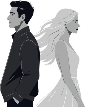 Create a realistic Man and woman standing opposite from each other and looking away watch vector art with white background