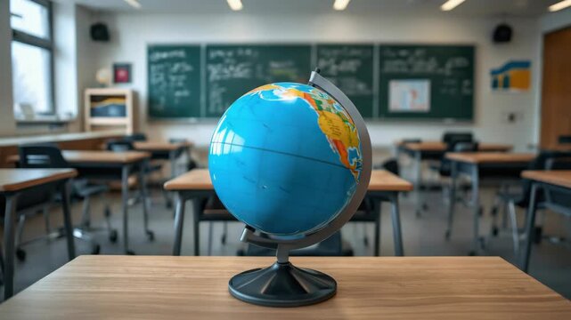Classroom globe wooden desk bright schoolroom conveying education, geography and curiosity with