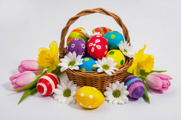 Wicker basket filled with painted eggs, white daisies, yellow daffodils, and pink tulips. Studio lighting on a white background. Composition centered.