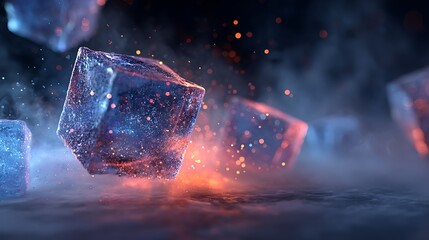 Glowing ice cubes floating in vapor amidst fiery sparks, creating a dramatic and abstract composition