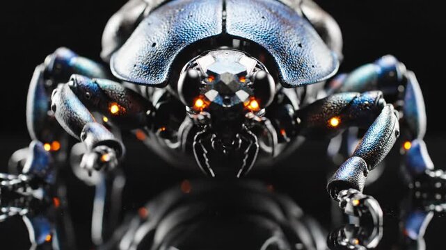Macro closeup of a futuristic robotic beetle with metallic blue surface.