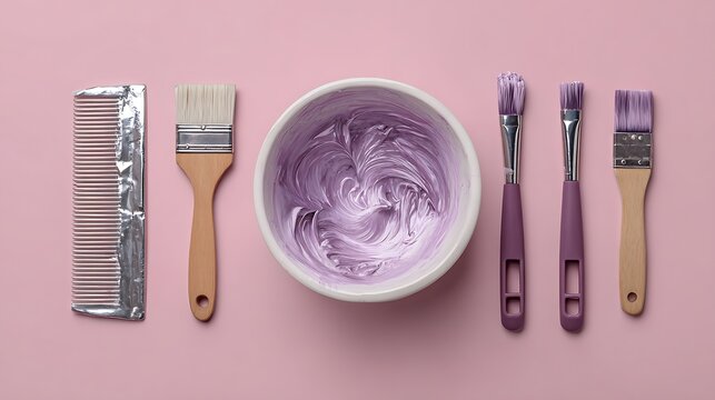 Overhead shot of hair dyeing supplies arranged symmetrically on a pink background