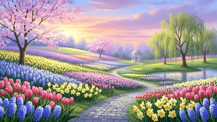 Vibrant Spring Garden with Blooming Flowers, Gazebo, Pond, and Sunset Sky