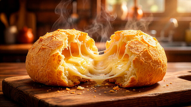 P&atilde;o de Queijo, Hot Cheese Bread Roll Pulled Apart Showing Melted Cheese Stretch with Steam on Wooden Board