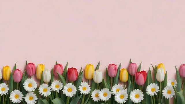 Multicolored tulip daisy flower spring on pink background cheerful floral border