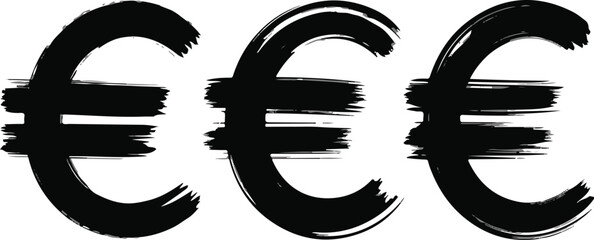 Set of three hand drawn euro currency symbol with a grunge style