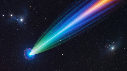 Celestial body projecting a luminous, spectrum-colored beam in deep space