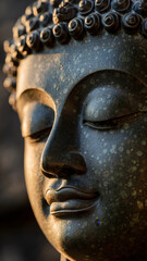 close-up of a serene, weathered Buddha statue's face with intricate detailing