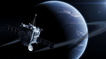 Advanced probe in orbit around a large, ringed exoplanet with atmospheric swirls