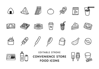 コンビニの食べ物にまつわるアイコンセット（モノクロ）