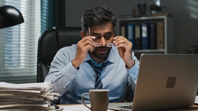 Frustrated businessman experiencing stress while working late on laptop in office environment