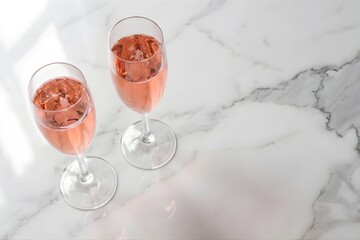 Two Glasses of Ros&eacute; Champagne on White Marble Table for Valentine's Day