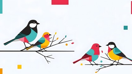 Vibrant geometric birds perched upon dark branches in a minimalist style illustration with colorful abstract shapes surrounding them