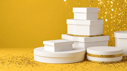 White gift boxes stacked on platforms against a golden yellow background with sparkling accents