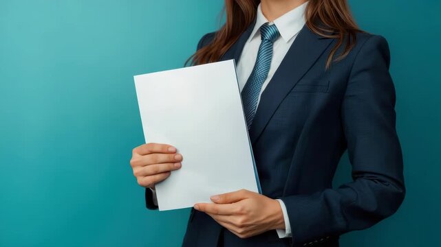 Business professional suit and tie holding blank document with confident posture and teal office