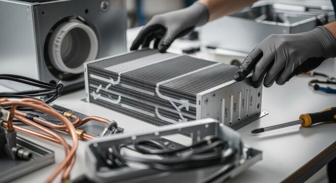 Detail shot of energyrecovery ventilator heat exchanger components being carefully assembled onsite.