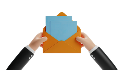 Cartoon Hands Holding Open Orange Envelope with Blue Papers