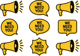 Megaphone and speech bubble set for urgent hiring announcement