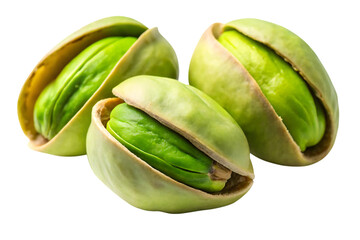 Three vibrant pistachios in open shells displaying their bright green kernels on transparent background