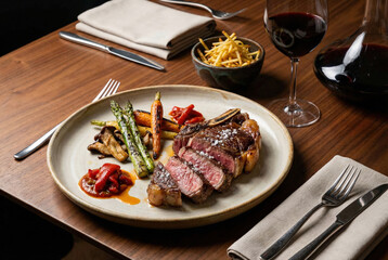 Chulet&oacute;n de vaca a la brasa con verduras y sal en escamas