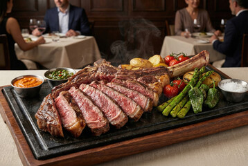 Chulet&oacute;n a la piedra con verduras asadas y salsas en restaurante gourmet