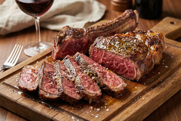 Chulet&oacute;n fileteado sobre tabla de madera con vino tinto