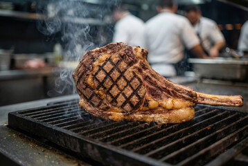Chulet&oacute;n entero marcando sobre parrilla en cocina profesional