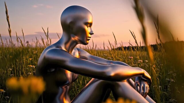 Metallic sculpture sitting in a field at golden hour.