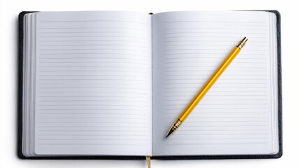Blank notebook and yellow pencil placed on white background