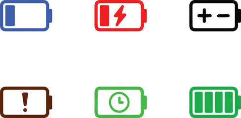 Collection of battery charge level and status indicator icons