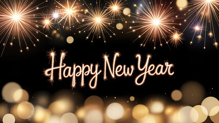 Happy New Year text in sparkling gold script with bright fireworks exploding above and golden bokeh lights shimmering below on a dark background.
