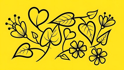 Black and white stylized floral vine design featuring various heart shaped leaves and blooming flowers against a vibrant, solid yellow background, perfect for decoration.