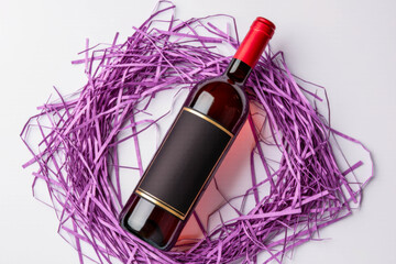 Top view of a glass bottle with a blank black label resting on a decorative filler of shredded paper. Minimalistic composition with a vibrant color contrast.