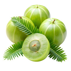A vibrant still life featuring fresh amla fruits with leaves on transparent background high quality