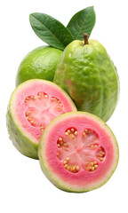Fresh guavas with a sliced view displaying pink flesh a beautiful fruit on transparent