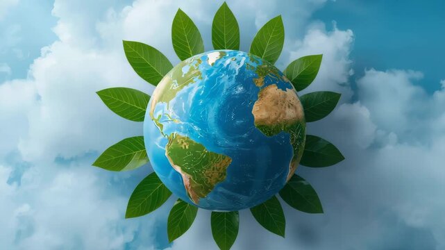 Earth globe with leaf sunburst crown above cloud sky, sustainable environment hope globe