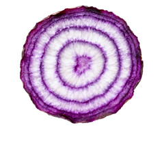 Obraz premium Abstract Transparent PNG Slice of Purple Radish with Concentric Rings, Modern Food Background with Copy Space
