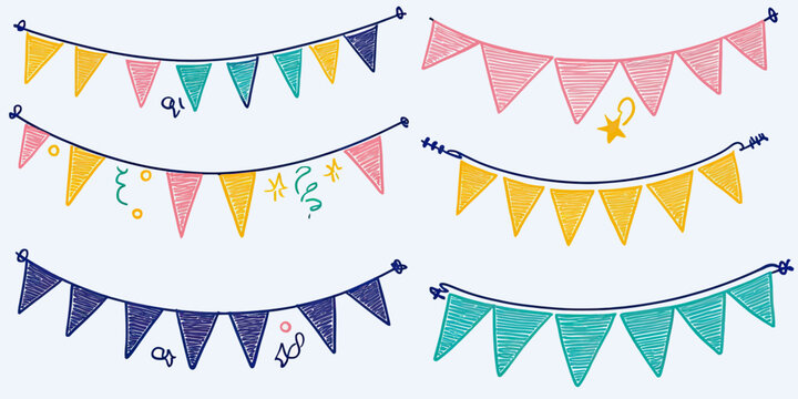 Set of colorful hand drawn party bunting flags and pennants with simple doodle festive decorations for celebration events design in flat minimalist style