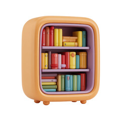 3d illustration of orange cartoon bookcase filled with colorful books isolated on transparent background