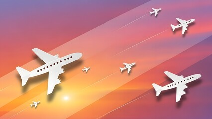 Paper cut style white airplanes fly across a vibrant sunset gradient sky in a dynamic illustration representing travel and aviation concepts