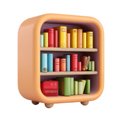 3d illustration of cute orange bookshelf filled with colorful books isolated on transparent background